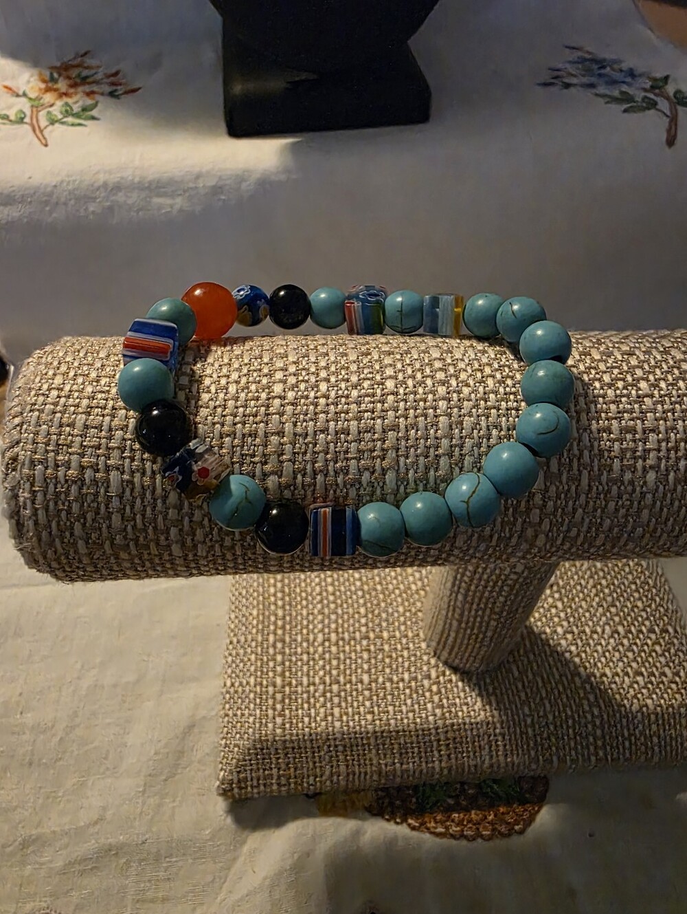 Dyed Halite,Glass & Murano Style Square Glass Beads Handcrafted Stretch Bracelet